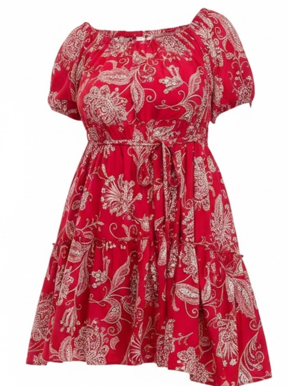 Karen Kane Plus size Tiered Puff Fuchsia Paisley Boho Chic Mini Dress Romantic